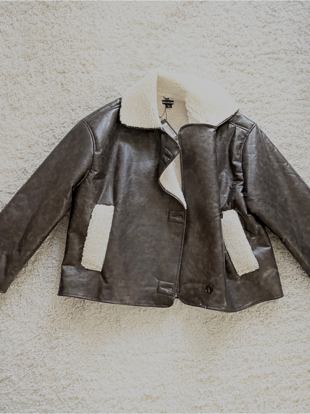 PrettyLittleThing Dark Brown Faux Leather Jacket with Cream Sherpa